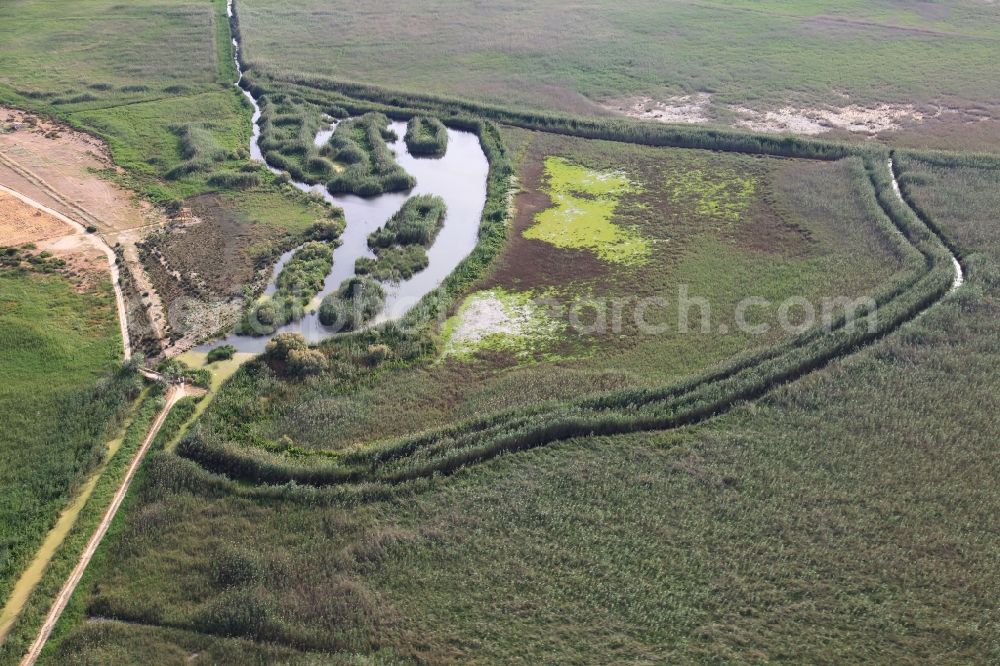 Aerial image Muro - Parc natural de sa Albufera de Mallorca or Parque natural de la Albufera de Mallorca with Ponds and Morast- water surface in a pond landscape in Muro in Balearic Islands, Spain