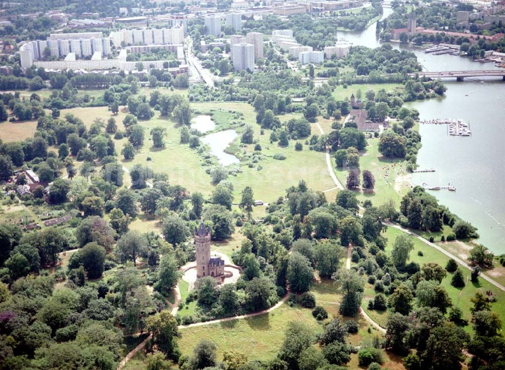 Aerial image Potsdam - Park Babelsberg mit dem Flatowturm.