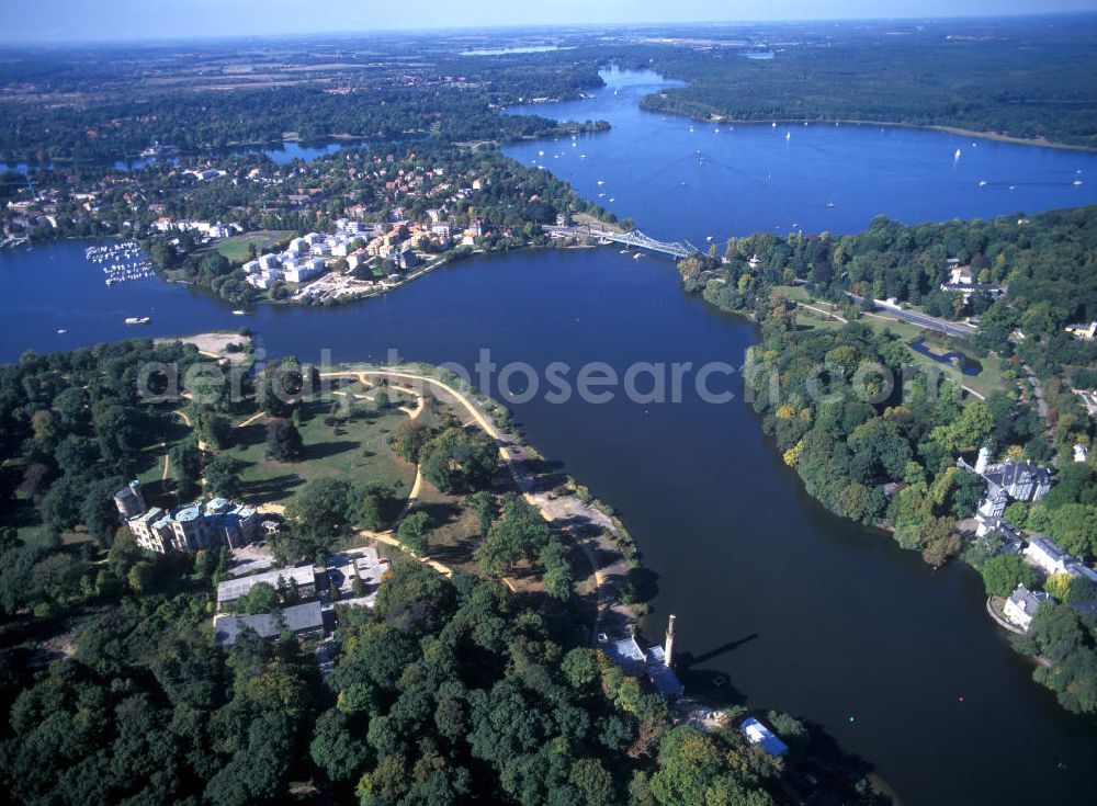 Aerial photograph Potsdam - Blick über den Park Babelsberg mit dem Schloß Babelsberg in Richtung Glienicker Brücke. Die Brücke verbindet über die Havel hinweg die Städte Berlin, Ortsteil Wannsee des Bezirks Steglitz-Zehlendorf, und Potsdam, Stadtteil Berliner Vorstadt mit dem Glienicker Horn. View over Park Babelsberg with the Babelsberg Palace in the direction of the Glienicker Brücke. The Glienicke bridge is a bridge on the edge of Berlin that spans the Havel River to connect the cities of Potsdam and Berlin.