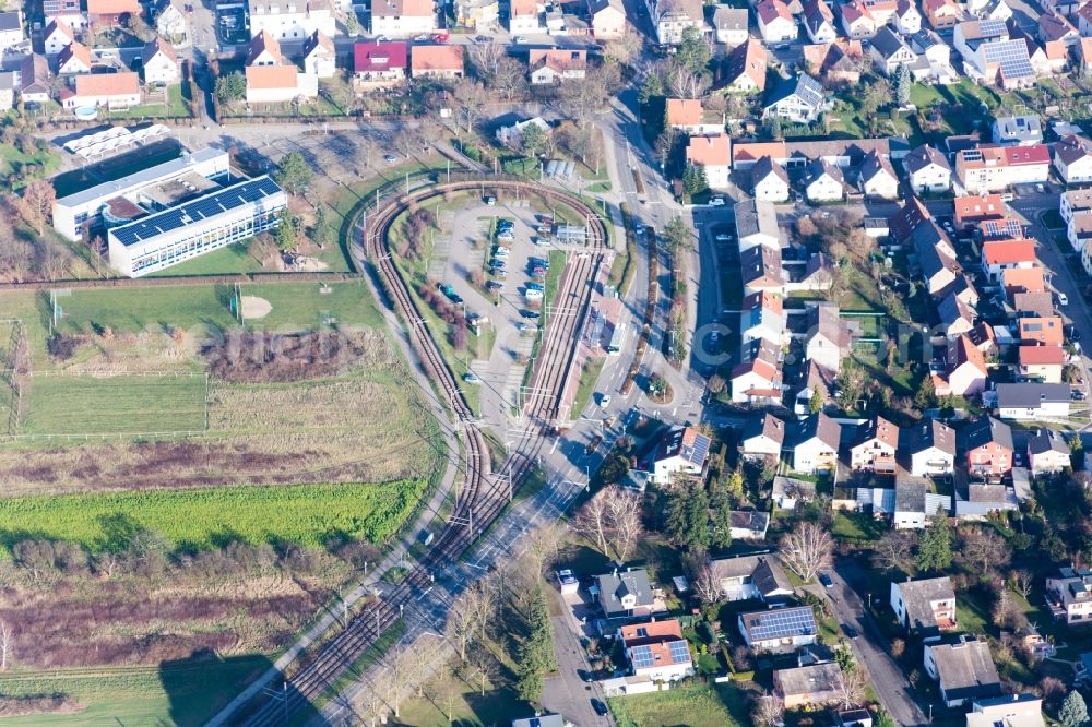 Aerial photograph Stutensee - Park and Ride on the Tram terminal Spoeck Richard-Hecht-Schule in the district Spoeck in Stutensee in the state Baden-Wurttemberg, Germany