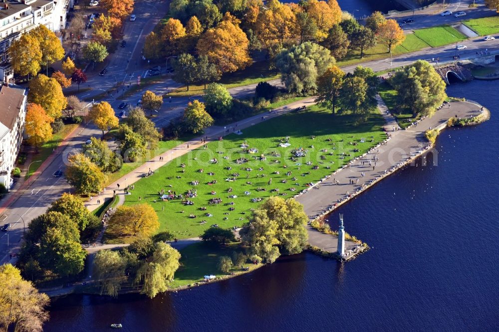 Aerial image Hamburg - Park Alster meadow Schwanenwik on the shore of the Alster in Hamburg, Germany