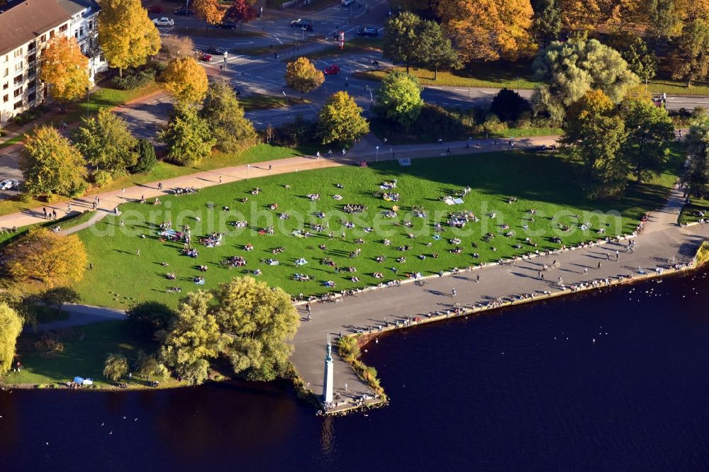 Aerial photograph Hamburg - Park Alster meadow Schwanenwik on the shore of the Alster in Hamburg, Germany