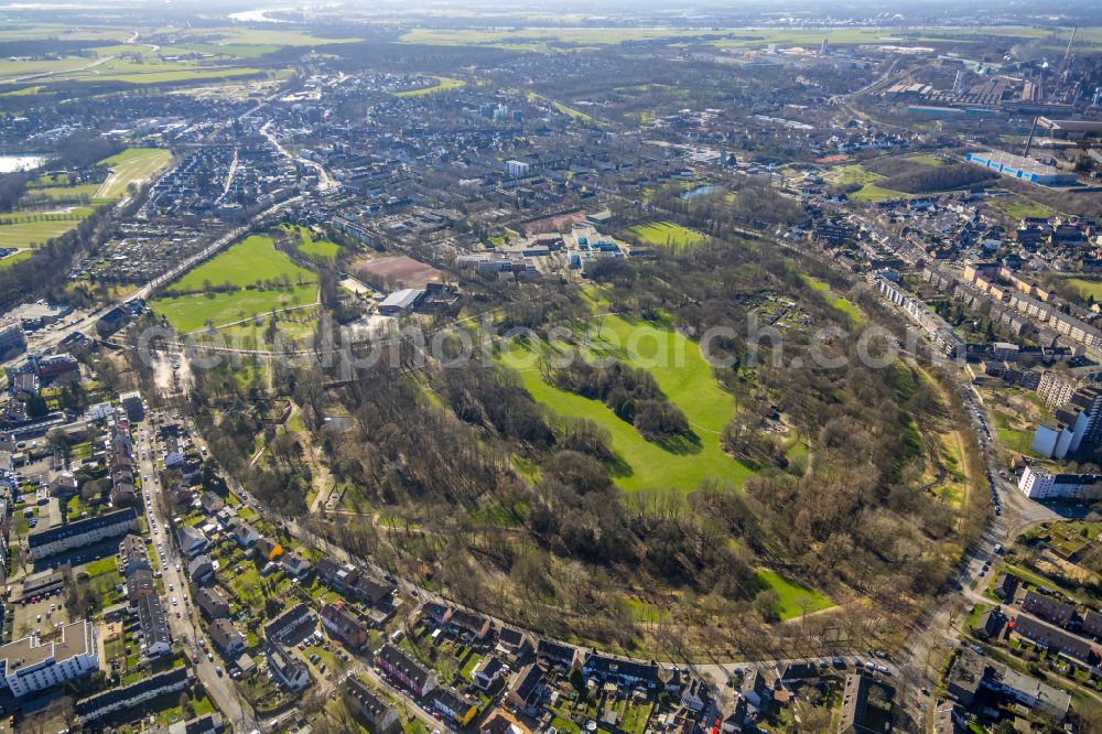 Duisburg from above - Park of Biegerpark on street Angertaler Strasse in Duisburg at Ruhrgebiet in the state North Rhine-Westphalia, Germany