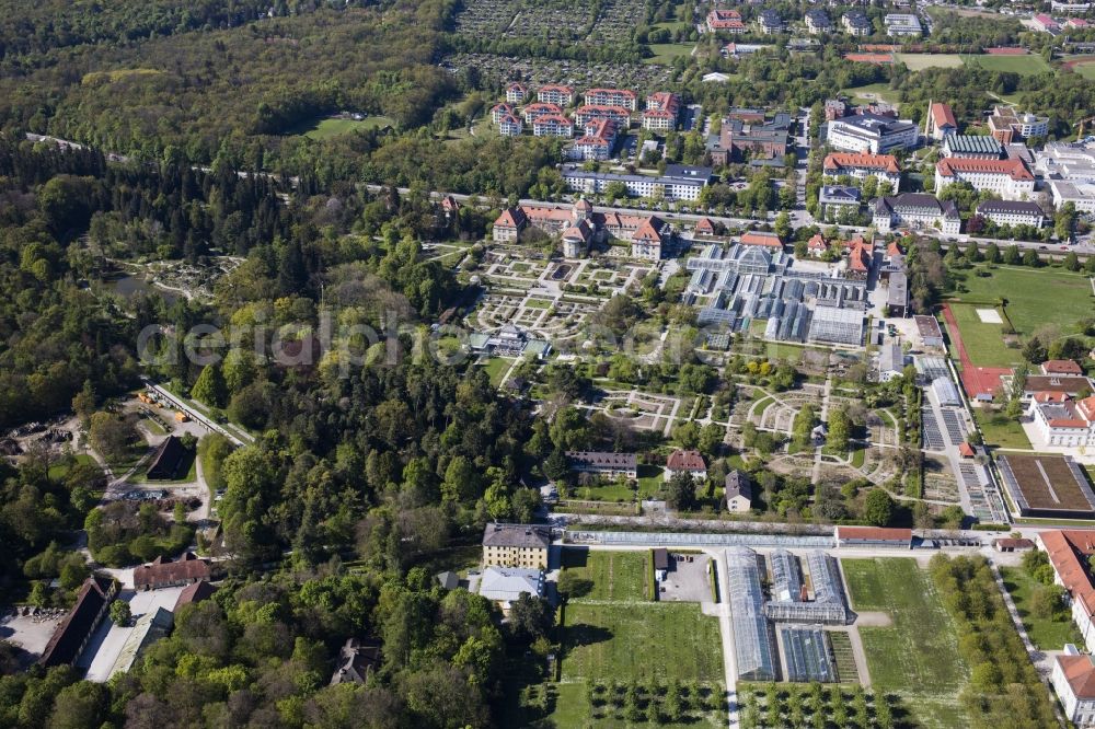 München from the bird's eye view: Park of Botanische Staatssammlung and Botanischer Garten along the Menzinger Strasse in the district Neuhausen-Nymphenburg in Munich in the state Bavaria, Germany