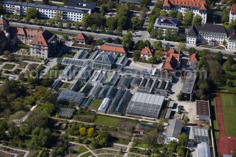 Aerial image München - Park of Botanische Staatssammlung and Botanischer Garten along the Menzinger Strasse in the district Neuhausen-Nymphenburg in Munich in the state Bavaria, Germany