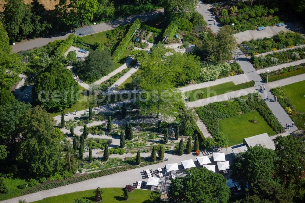 Aerial image Erfurt - Park of egapark mit egapark-Glashaus at the rose Garden in the district Hochheim in Erfurt in the state Thuringia, Germany