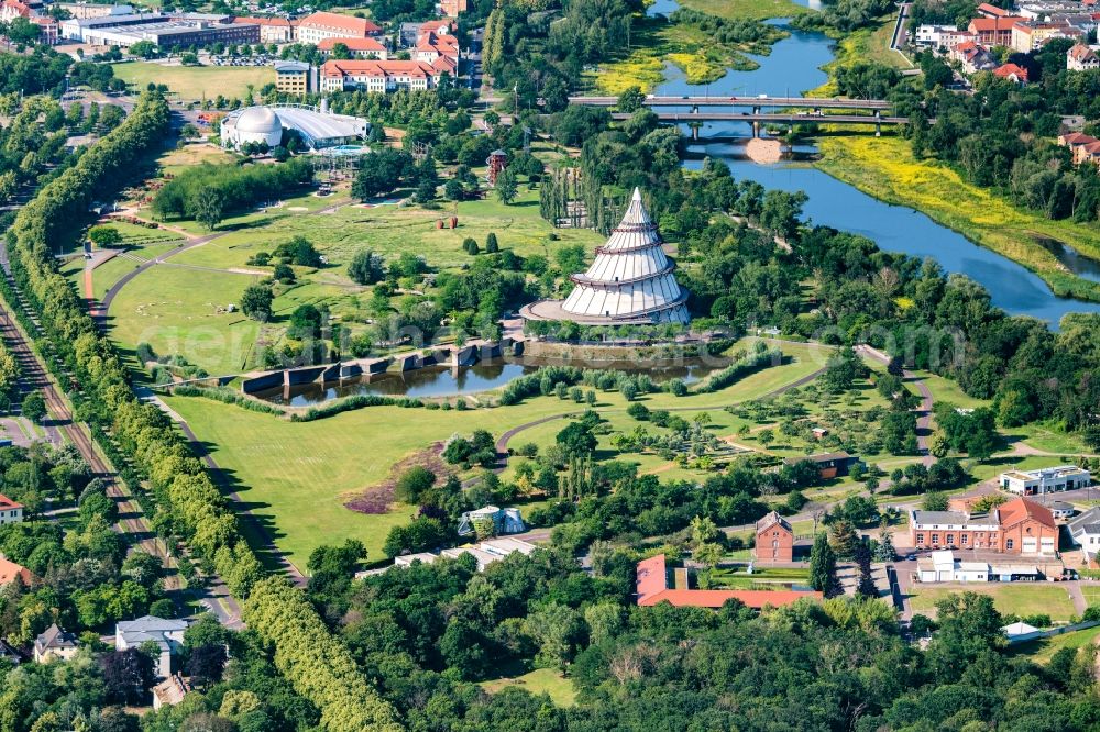 Magdeburg from the bird's eye view: Park Elbauenpark with the millennium tower in Magdeburg in the state Saxony-Anhalt, Germany