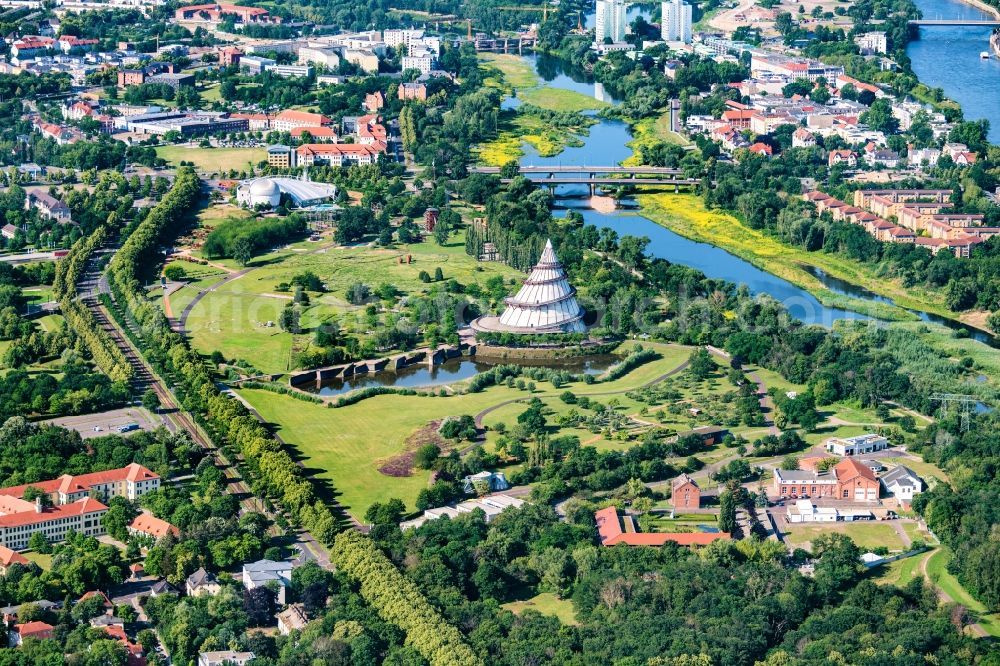 Aerial image Magdeburg - Park Elbauenpark with the millennium tower in Magdeburg in the state Saxony-Anhalt, Germany