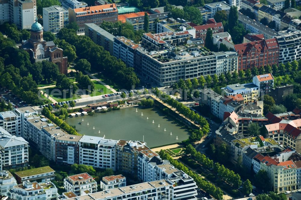 Berlin from above - View of the Angel's Basin in Kreuzberg. The angel is on the bottom of the pool Luisenstaedtischer channel ahead of Michael's Church, between Leuschnerdamm and Legiendamm. Today it is an urban park with rose garden