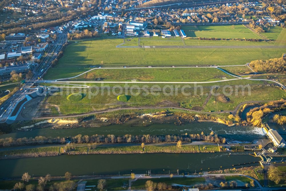 Aerial photograph Hamm - Park Erlebnisraum Lippeaue on the street Jupp-Eickhoff-Weg on the river Lippe and Datteln-Hamm Canal in Hamm in the Ruhr area in the state of North Rhine-Westphalia, Germany