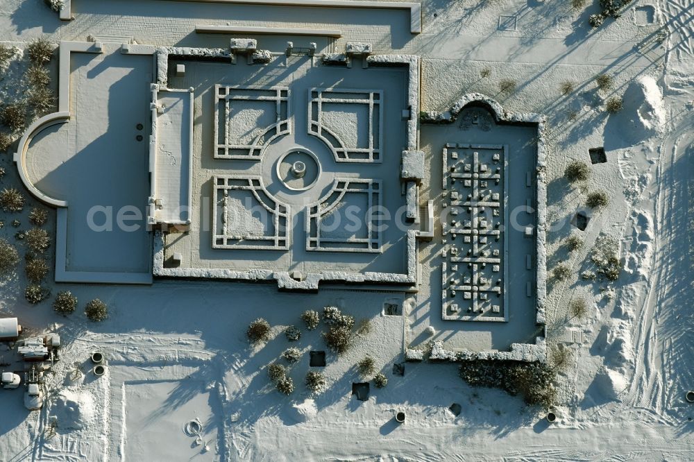 Aerial photograph Berlin - Park of Gardens of the World in wintry snowy Marzahn Recreational Park at the Eisenacher Strasse in Berlin in Germany