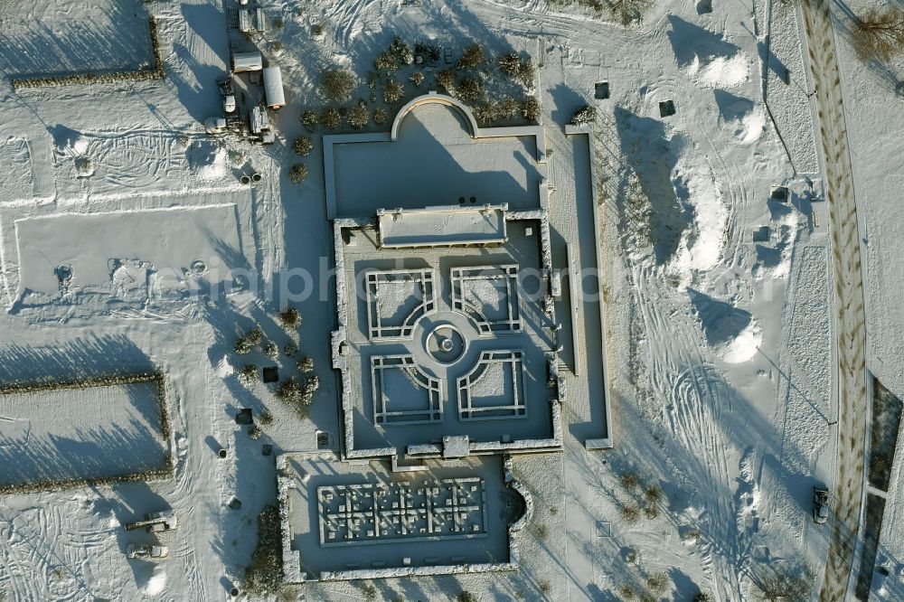 Berlin from the bird's eye view: Park of Gardens of the World in wintry snowy Marzahn Recreational Park at the Eisenacher Strasse in Berlin in Germany