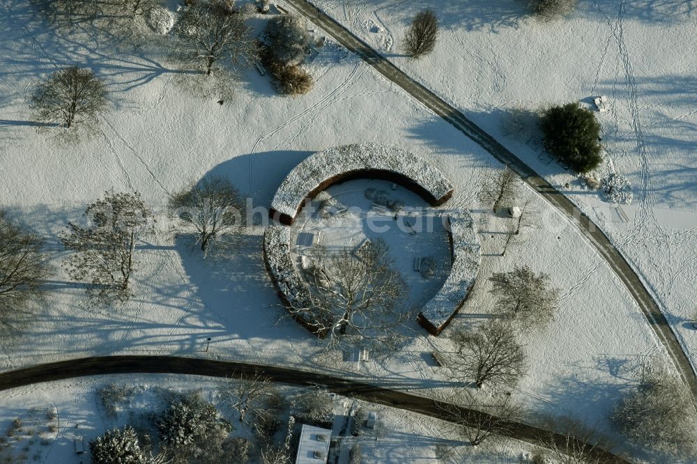 Aerial image Berlin - Park of Gardens of the World in wintry snowy Marzahn Recreational Park at the Eisenacher Strasse in Berlin in Germany