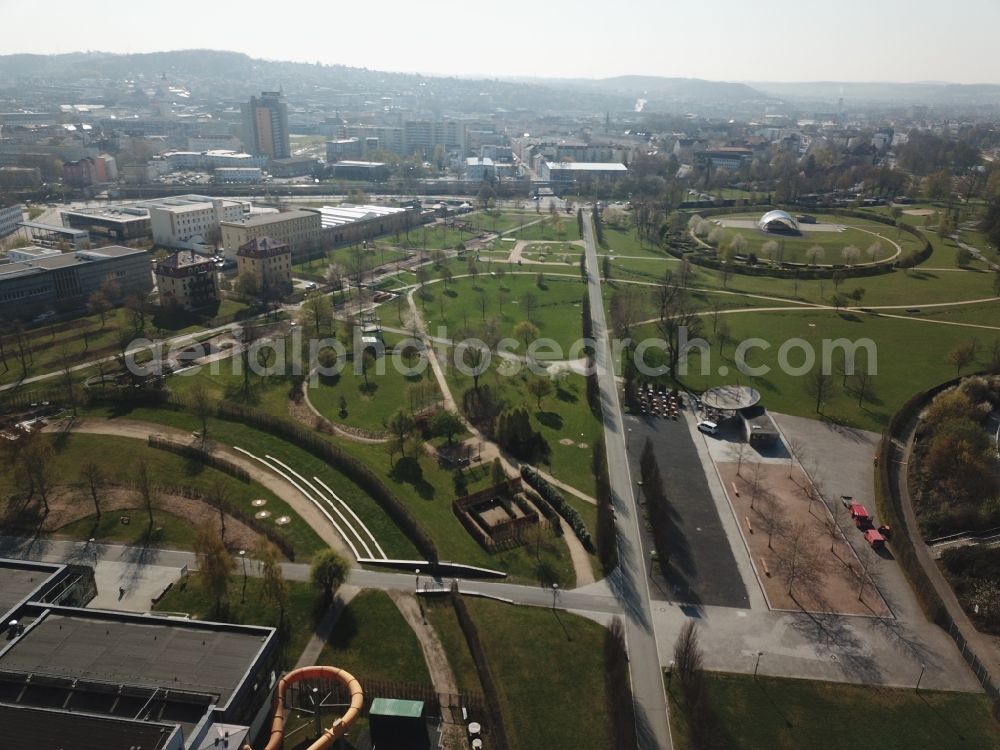 Gera from above - Park of Hofwiesenpark in Gera in the state Thuringia, Germany