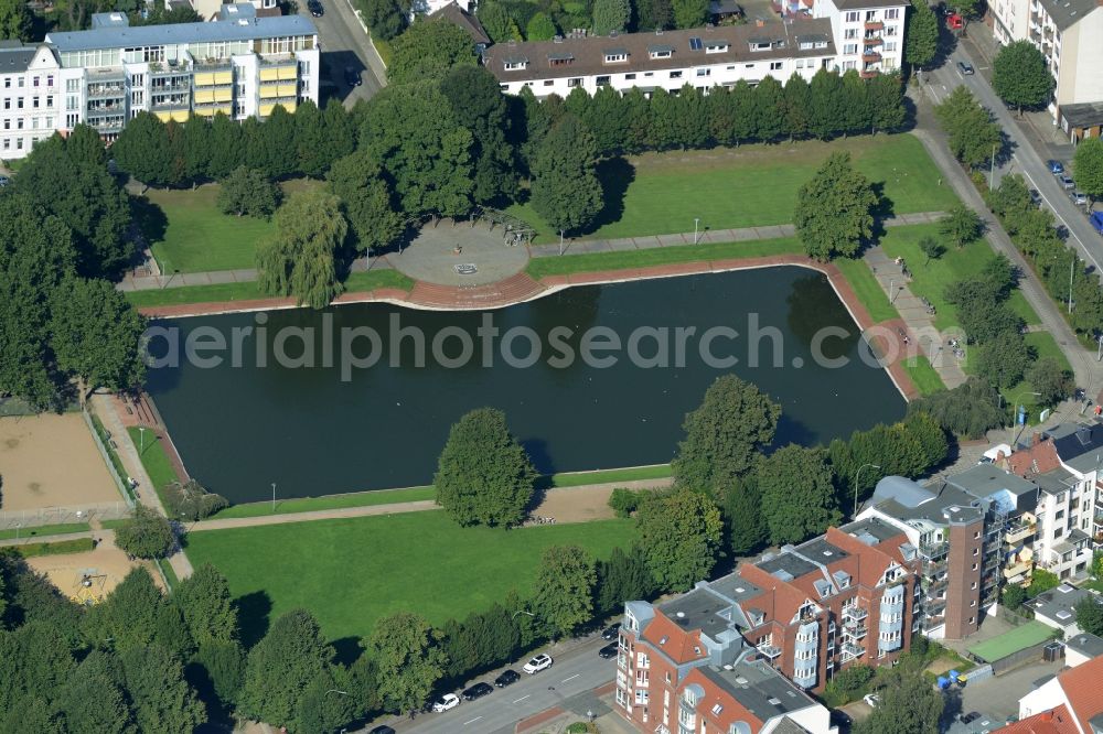 Bremerhaven from above - Park of Holzhafen (Wood harbour) in Bremerhaven in the state of Bremen. The rectangular park includes an artificial pond