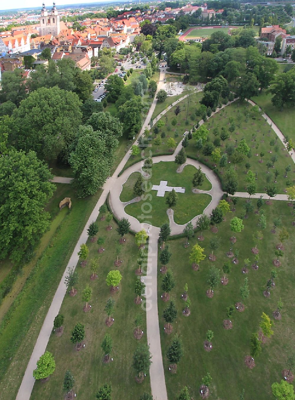 Lutherstadt Wittenberg from above - Park of Luthergarten in Lutherstadt Wittenberg in the state Saxony-Anhalt