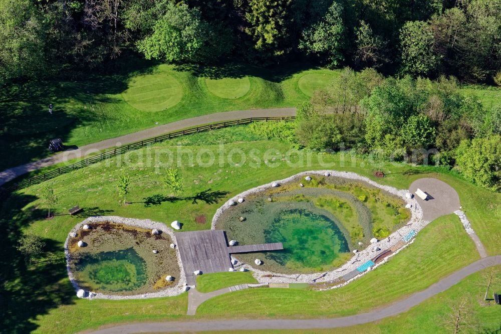 Waakirchen from above - Park of hotel Lanserhof in Waakirchen in the state Bavaria, Germany