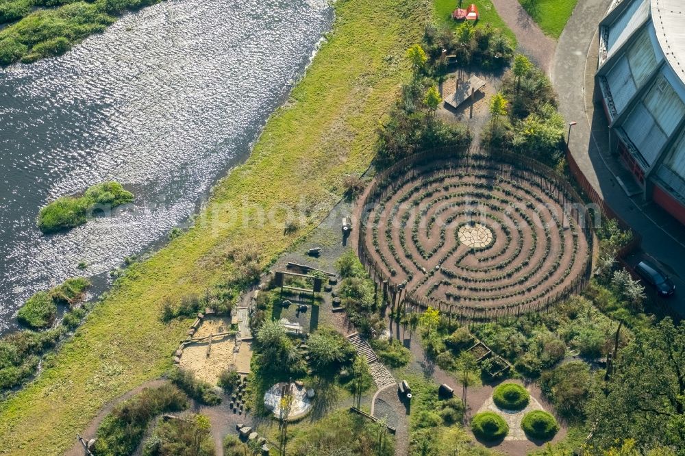 Aerial image Arnsberg - Park with playground and skatepark next to the circular hall on the promenade in Arnsberg in North Rhine-Westphalia, Germany