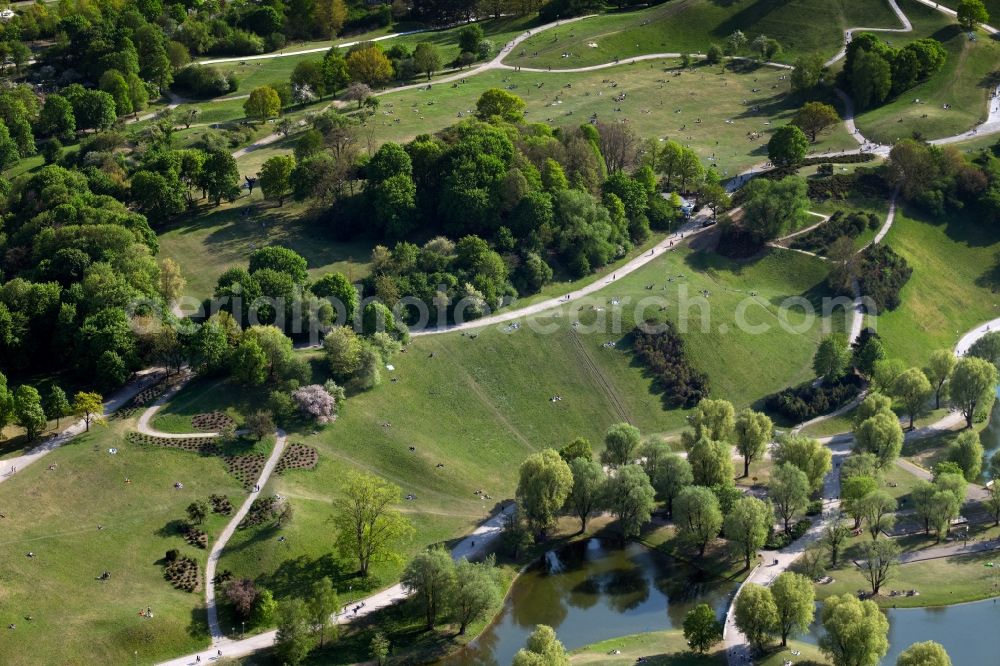 München from the bird's eye view: Park of the Olympiapark overlooking the hill of the Olympiaberg in the district Neuhausen-Nymphenburg in Munich in the state Bavaria, Germany