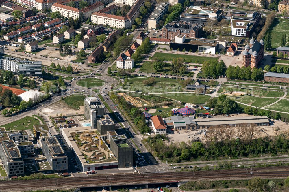 Karlsruhe from above - Park of Otto-Dullenkopf-Park (Sued) in Karlsruhe in the state Baden-Wuerttemberg, Germany