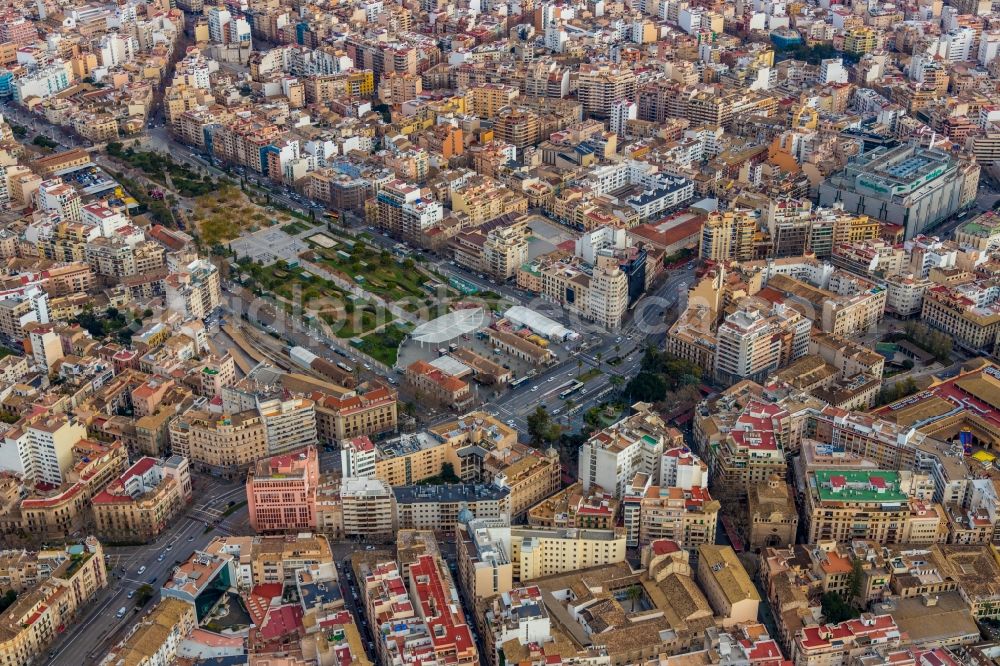 Palma from the bird's eye view: Park of Parc de les Estacions between Carrer d'Eusebi Estada and Carrer del MarquA?s de la Fontsanta in the district Arxiduc in Palma in Islas Baleares, Spain