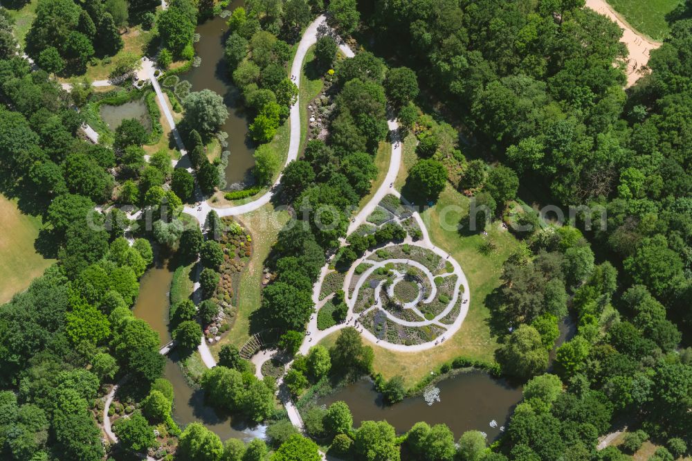 Bremen from above - Park of with Rosengarten in Botanischen Garten in Bremen, Germany