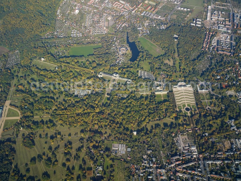 Aerial image Potsdam - Park around Schloss Sanssouci in Potsdam in the state Brandenburg. Also shown the Schloss Sanssouci, the Orangerieschloss, the Neues Palais and the Bornstedter See