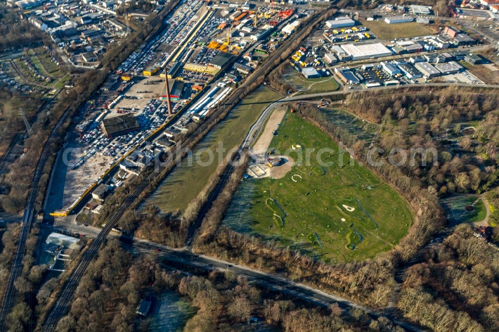 Dortmund from the bird's eye view: Park of of Soccerpark Westfalen Fussballgolf on Am Zechenbahnhof in the district Eving in Dortmund in the state North Rhine-Westphalia, Germany