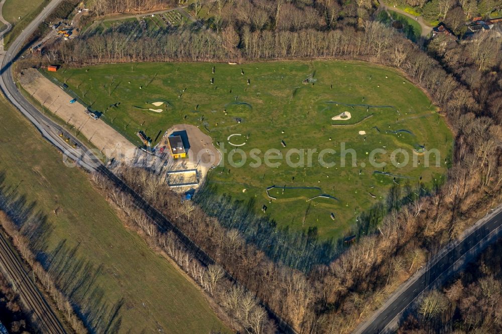 Aerial image Dortmund - Park of of Soccerpark Westfalen Fussballgolf on Am Zechenbahnhof in the district Eving in Dortmund in the state North Rhine-Westphalia, Germany