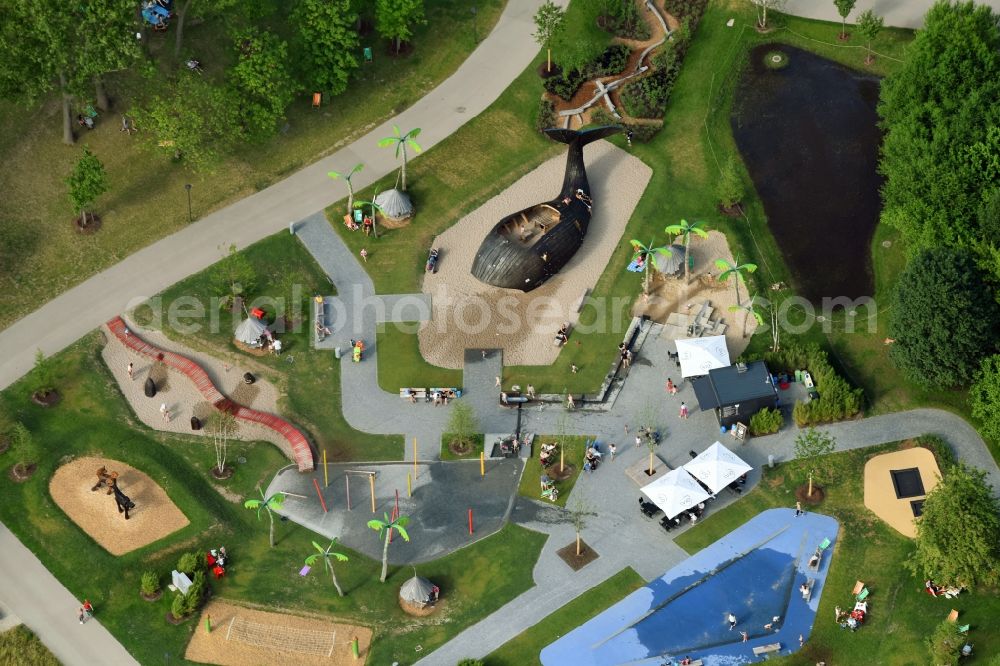 Berlin from the bird's eye view: Park with playground with sandy areas on IGA 2017 in the district Marzahn-Hellersdorf in Berlin, Germany