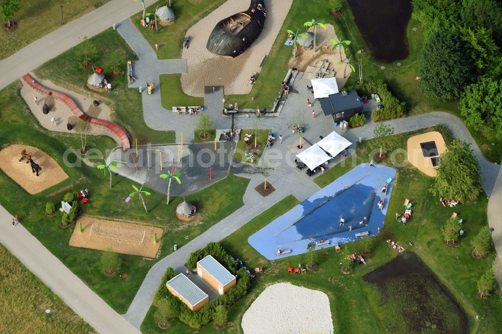 Aerial image Berlin - Park with playground with sandy areas on IGA 2017 in the district Marzahn-Hellersdorf in Berlin, Germany