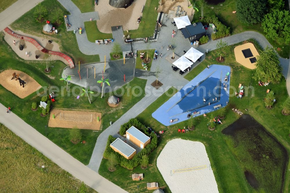 Aerial photograph Berlin - Park with playground with sandy areas on IGA 2017 in the district Marzahn-Hellersdorf in Berlin, Germany