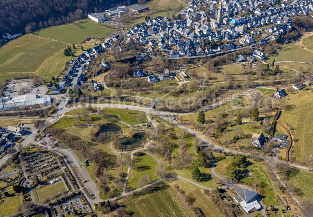 Aerial image Schmallenberg - Park of the Kurpark Schmallenberg near the Lenne river in Schmallenberg at Sauerland in the state North Rhine-Westphalia