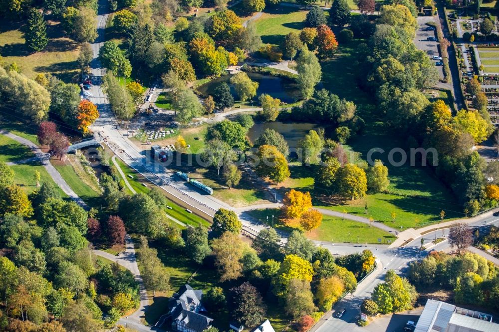 Aerial image Schmallenberg - Construction site at the park of des city park near the Lenne river in Schmallenberg in the state North Rhine-Westphalia