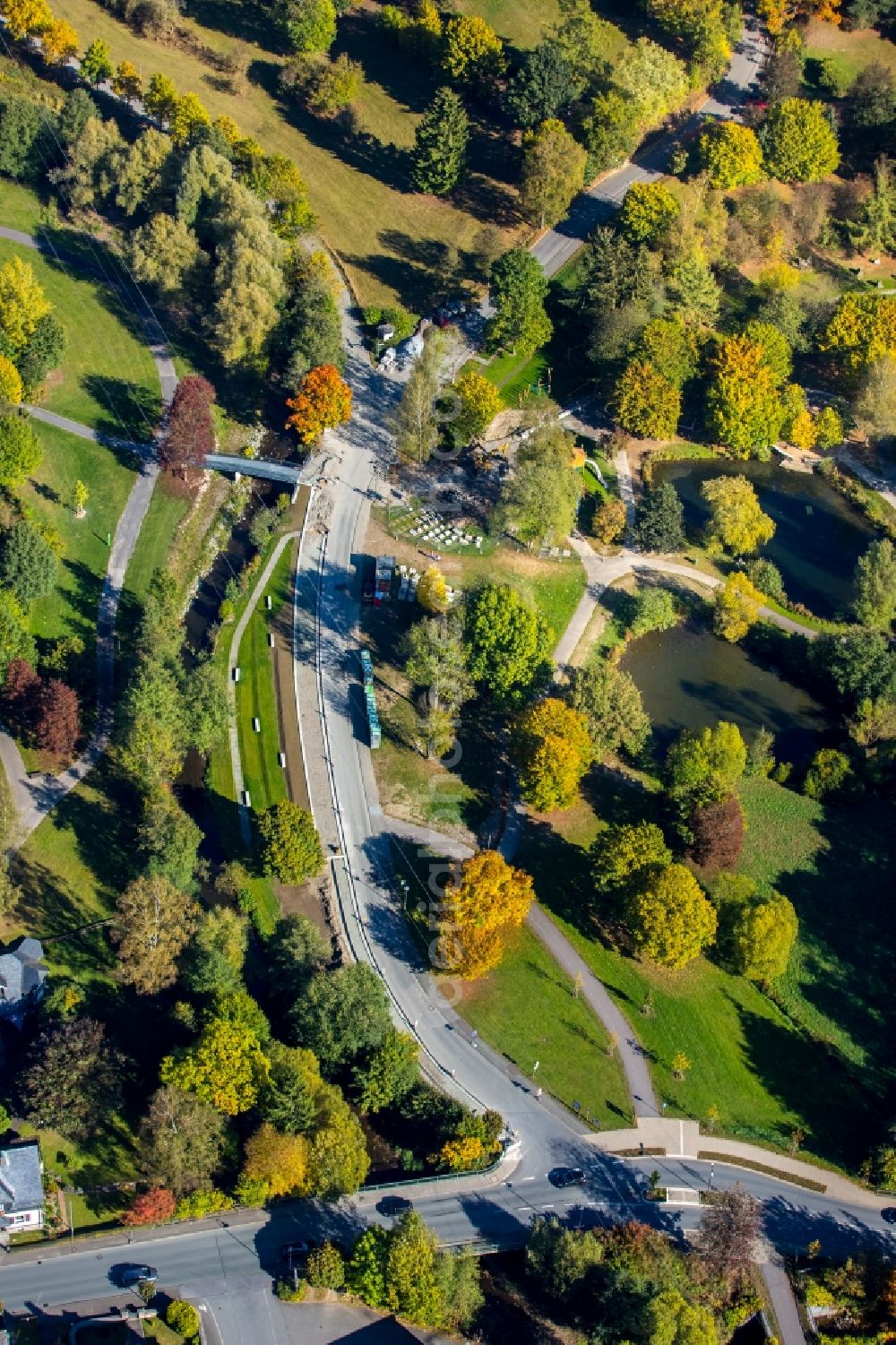 Aerial photograph Schmallenberg - Construction site at the park of des city park near the Lenne river in Schmallenberg in the state North Rhine-Westphalia