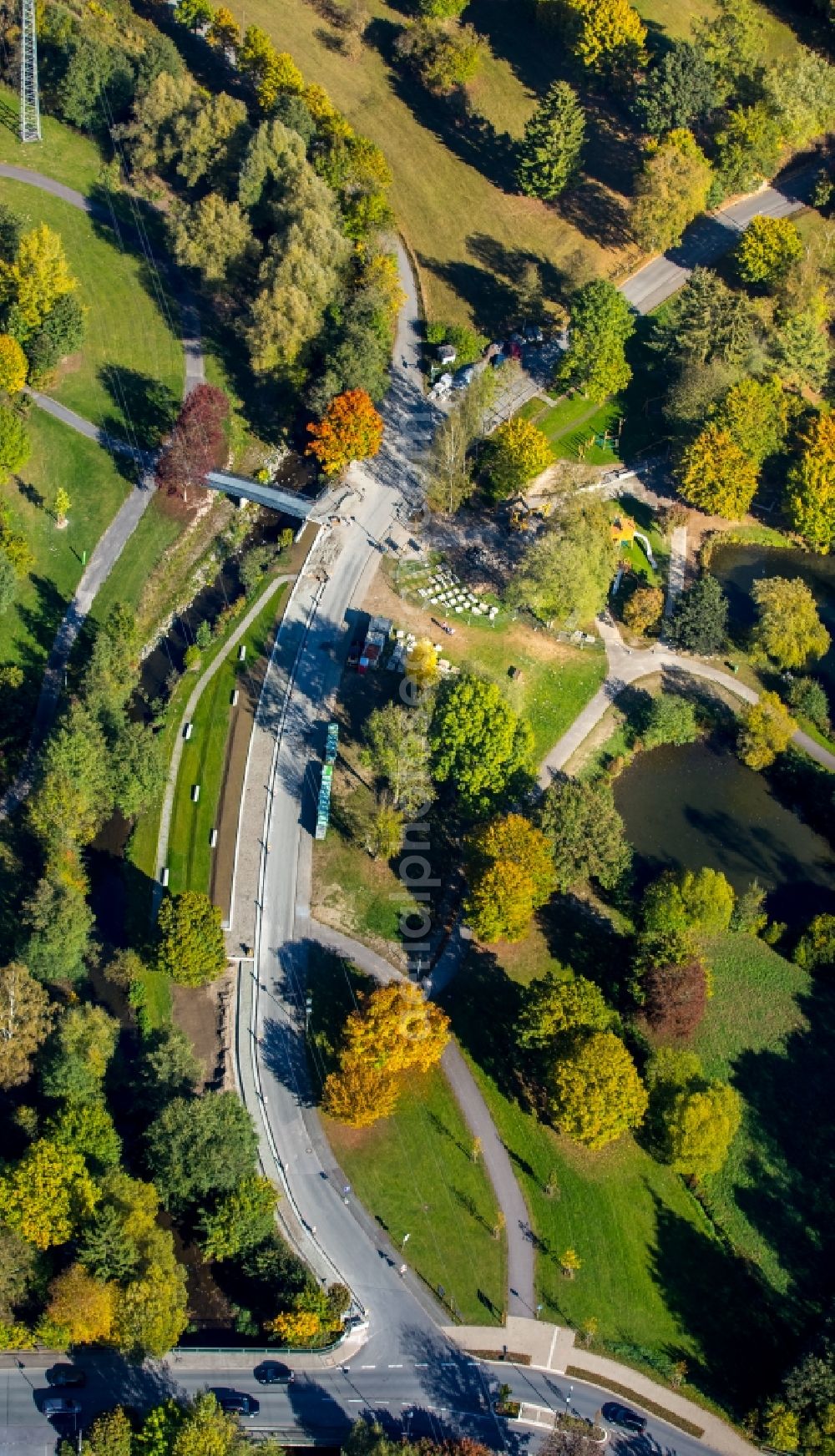 Aerial photograph Schmallenberg - Construction site at the park of des city park near the Lenne river in Schmallenberg in the state North Rhine-Westphalia