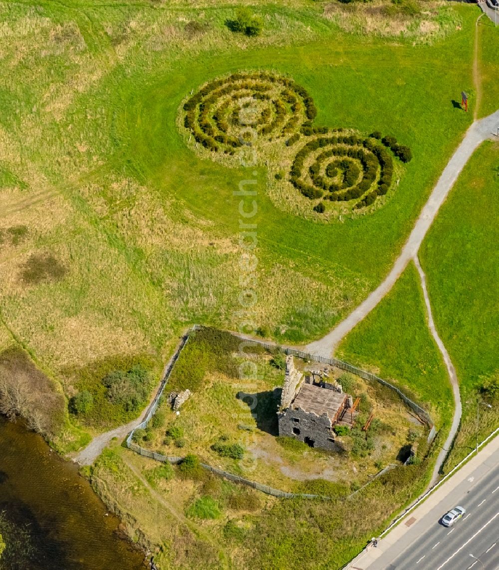 Aerial image Galway - Hedge circles in the park at the tower ruins in Galway , Ireland