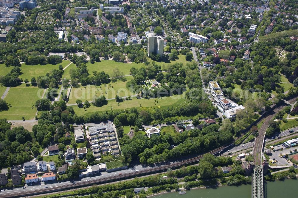 Mainz from the bird's eye view: Park of Volkspark Mainz in the district Weisenau in Mainz in the state Rhineland-Palatinate, Germany