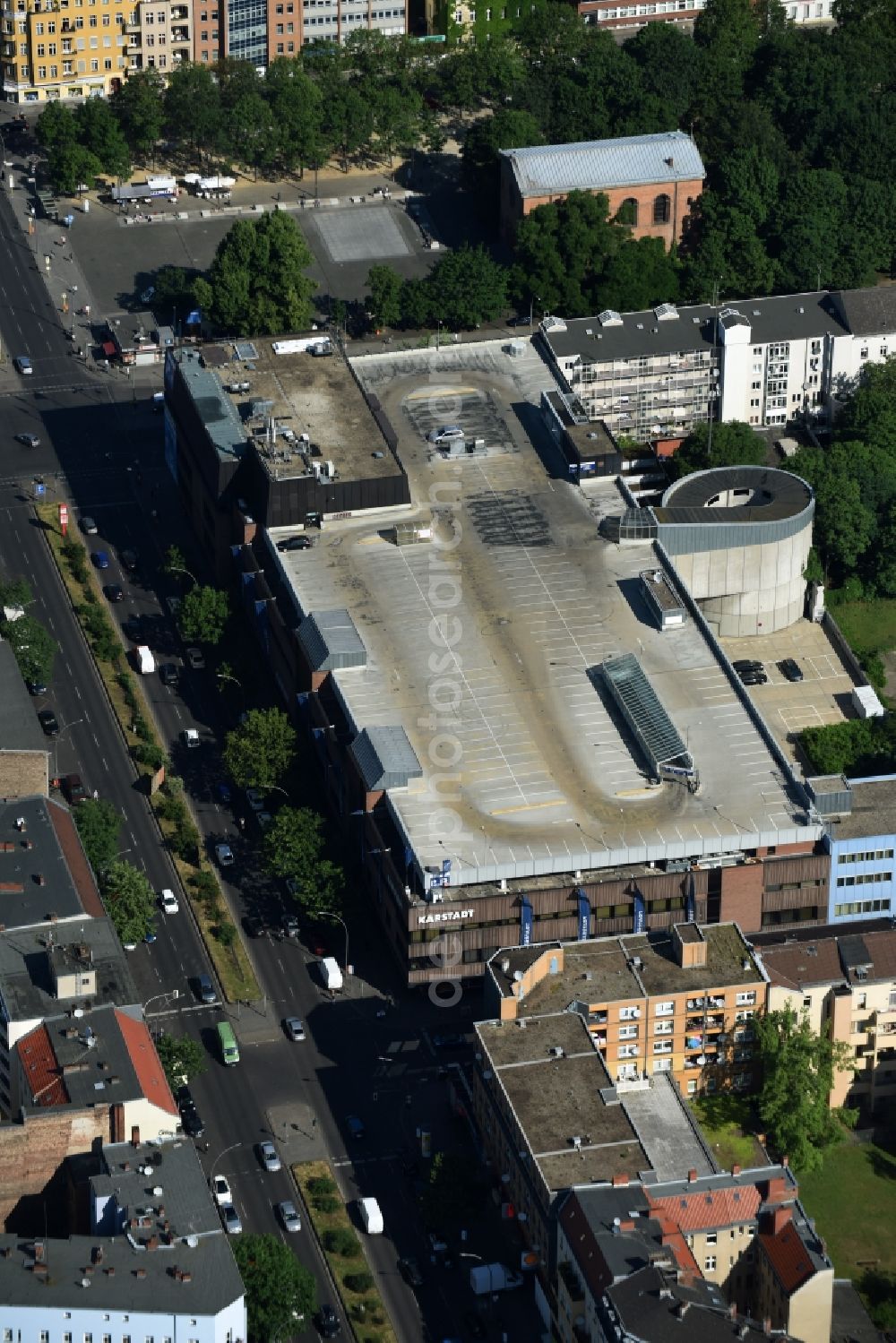 Berlin from above - Parking deck on the building of the Karstadt department store on Muellerstrasse in the borough of Wedding in Berlin, Germany