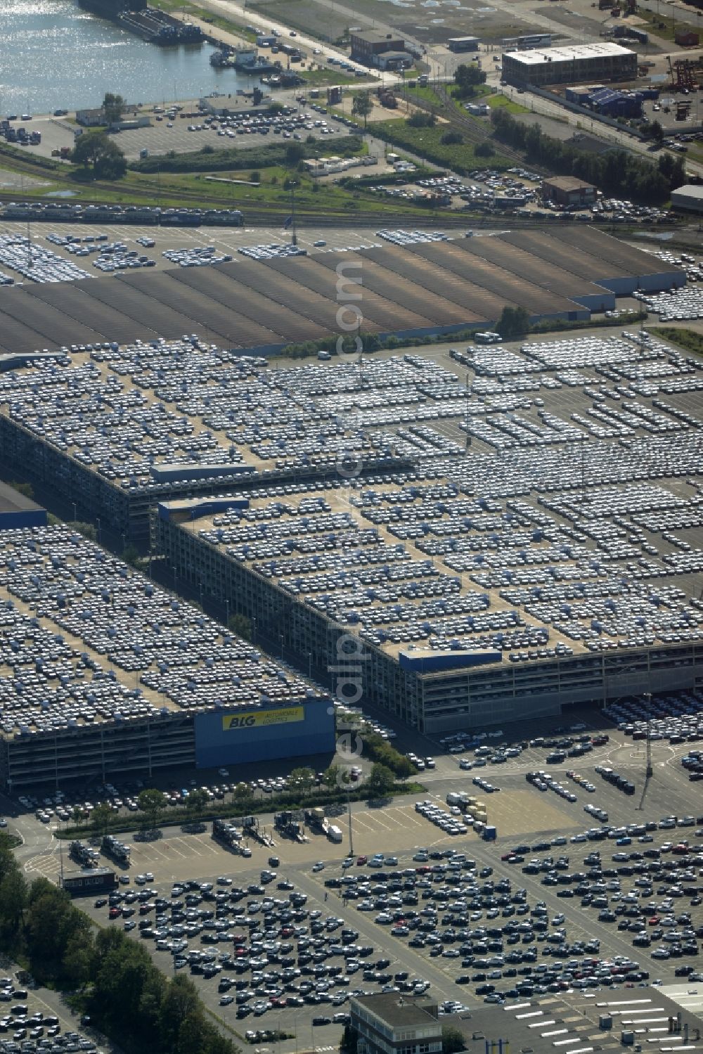 Bremerhaven from the bird's eye view: Parking deck on the building of the car park of the company BLG Automotive Logistics GmbH & Co. KG at the international port in Bremerhaven in the state Bremen