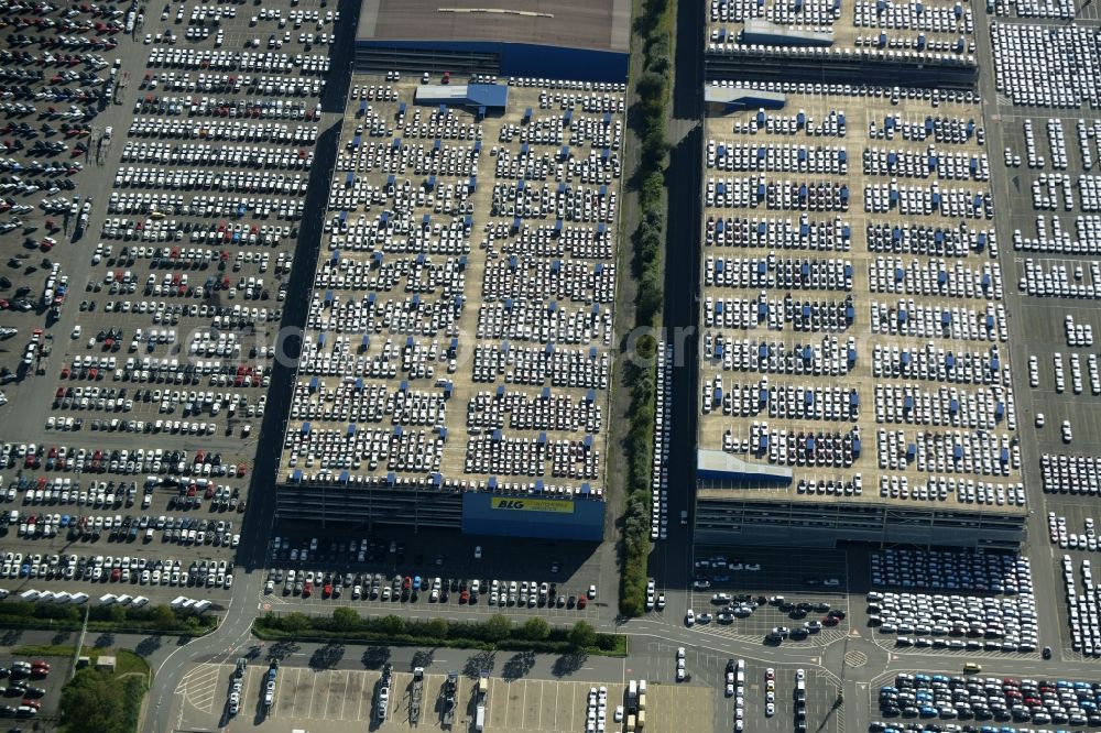 Bremerhaven from above - Parking deck on the building of the car park of the company BLG Automotive Logistics GmbH & Co. KG at the international port in Bremerhaven in the state Bremen