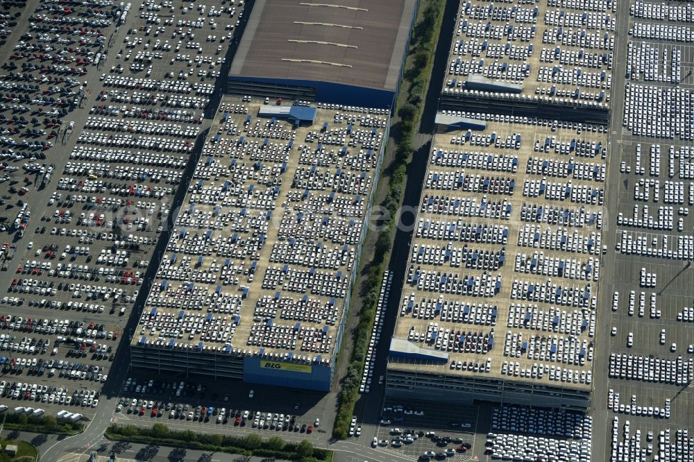 Bremerhaven from the bird's eye view: Parking deck on the building of the car park of the company BLG Automotive Logistics GmbH & Co. KG at the international port in Bremerhaven in the state Bremen