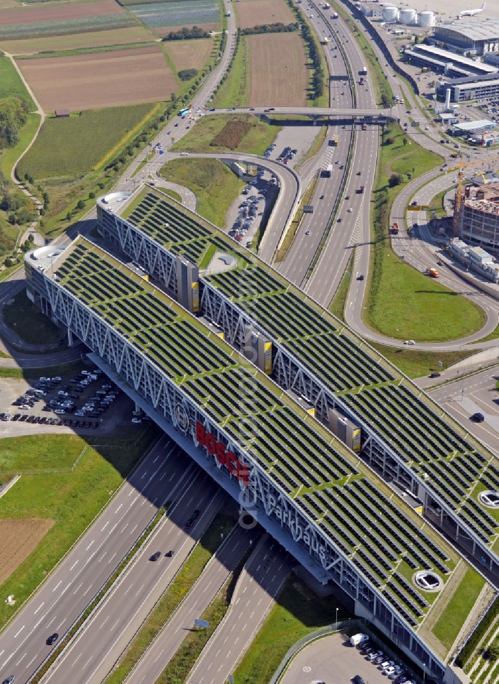 Leinfelden-Echterdingen from above - Parking deck on the building of the car park at the airport grounds in Stuttgart in the state Baden-Wuerttemberg