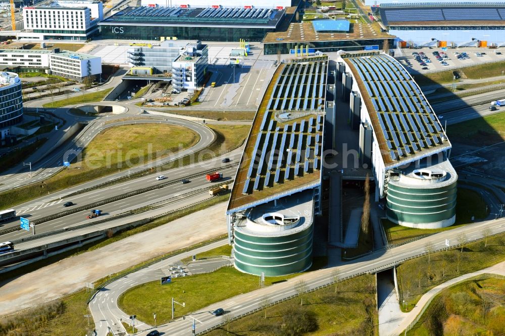 Stuttgart from above - Parking deck on the building of the car park at the airport grounds in Stuttgart in the state Baden-Wurttemberg