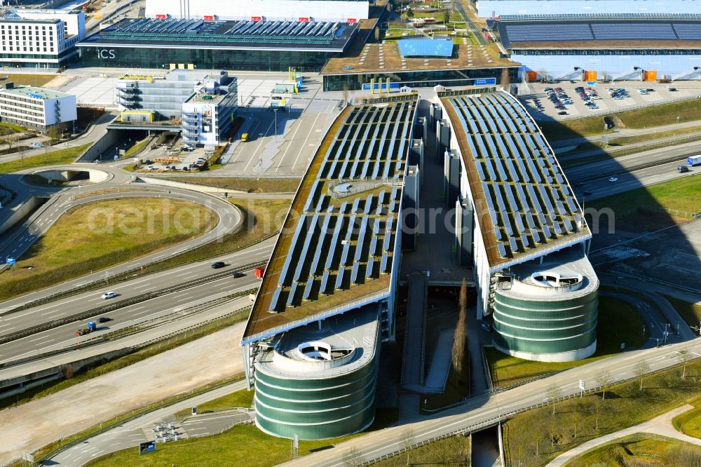 Stuttgart from the bird's eye view: Parking deck on the building of the car park at the airport grounds in Stuttgart in the state Baden-Wurttemberg