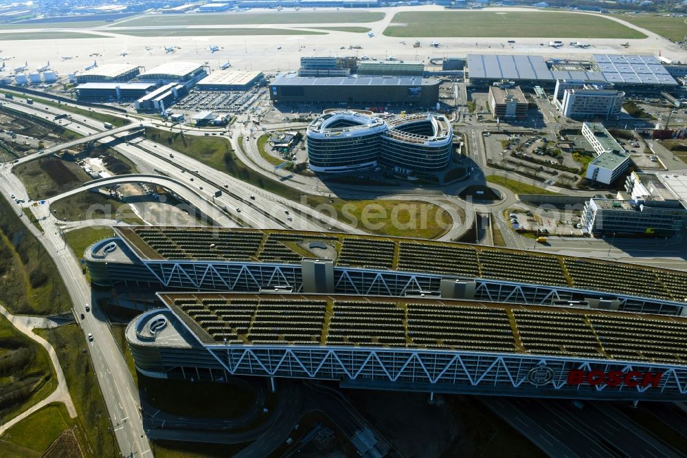 Stuttgart from the bird's eye view: Parking deck on the building of the car park at the airport grounds in Stuttgart in the state Baden-Wurttemberg