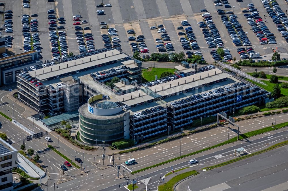 Stuttgart from above - Parking deck on the building of the car park P2 on airport in Stuttgart in the state Baden-Wuerttemberg, Germany