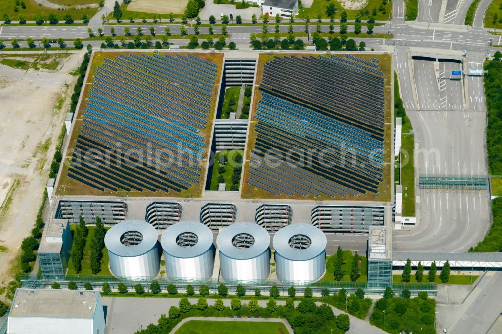 München from above - Parking deck on the building of the parking garage of the Messe Muenchen GmbH in Munich in Bavaria