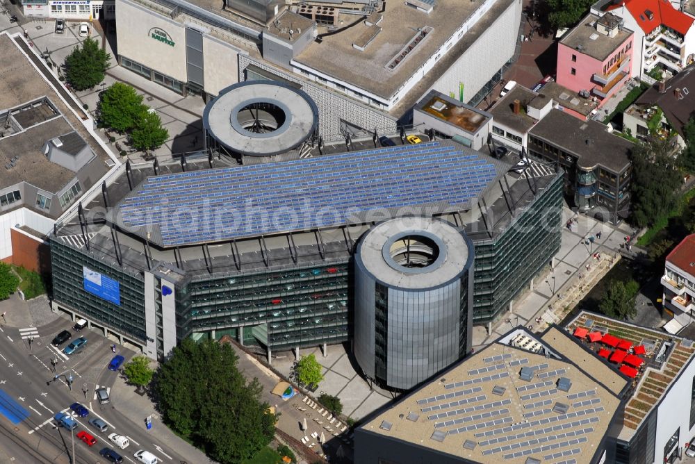 Ulm from above - Parking deck on the building of the car park Parkhaus Deutschhaus in Ulm in the state Baden-Wuerttemberg, Germany