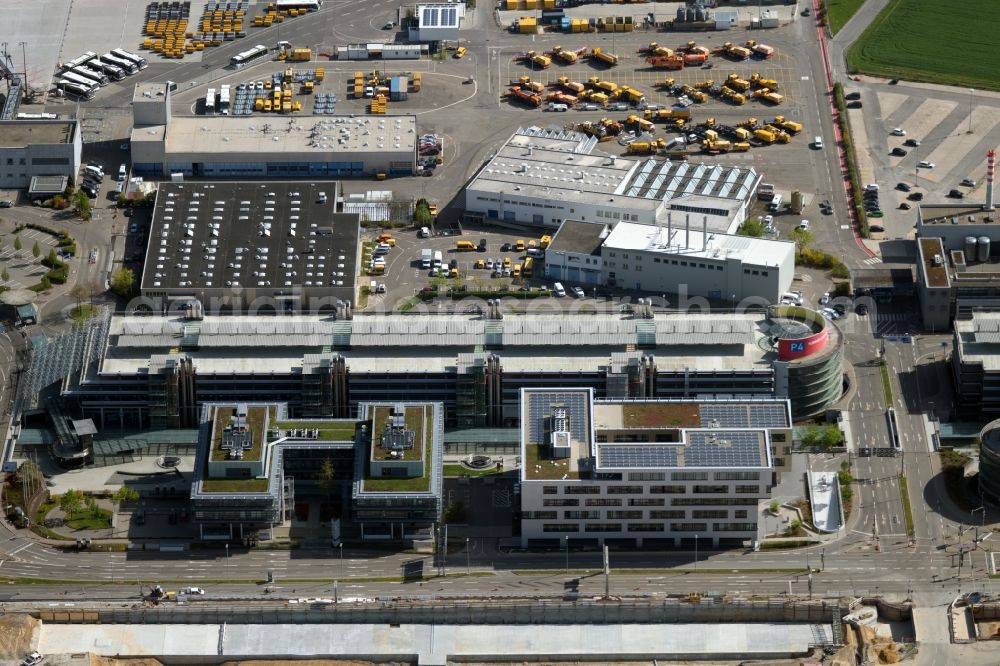 Stuttgart from the bird's eye view: Parking deck on the building of the car park and the office buildings along the Flughafenstrasse in Stuttgart in the state Baden-Wuerttemberg, Germany